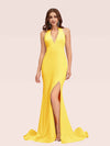 Sexy Backless Side Slit V-Neck Off Shoulder Jersey Long Mermaid Prom Dresses With Slit