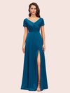 Elegant V-Neck Short Sleeves Long Soft Satin Party Prom Dresses With Slit