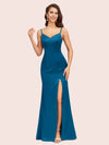 Simple Spaghetti Straps Mermaid Long Silky Satin evening Prom Dresses With Slit