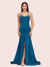 Sexy Backless Mermaid Spaghetti Straps Long Soft Satin Bridesmaid Dresses With Slit