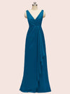 Elegant V-neck Floor Length Long Soft Satin Bridesmaid Dresses With Slit