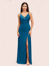Simple Soft Satin Sexy Spaghetti Straps Long Side Slit Bridesmaid Dresses