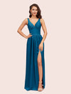 Sexy V Neck Long Soft Satin Side Slit Graduation Prom Dresses Online