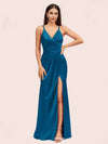 Sexy Spaghetti Straps V-neck Long Silky Soft Satin Formal Prom Dresses With Slit