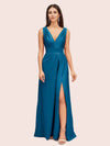 Sexy V-neck Long Side Slit Silk Satin Evening Prom Dresses Online