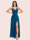 Modern Spaghetti Straps V-neck Side Slit Long Satin Party Prom Dresses With Slit