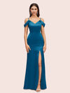 Sexy Cold Shoulder V-Neck Side Slit Mermaid Long Soft Satin Evening Prom Dresses