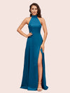 Elegant A-line High Neck Long Side Split Long Soft Satin Bridesmaid Dresses For Sale