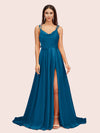 Elegant A-line Spaghetti Straps Long Silky Satin Evening Prom Dresses With Slit
