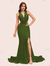 Sexy Mermaid Side Slit Deep V-neck Stretchy Jersey Long Bridesmaid Dresses Online