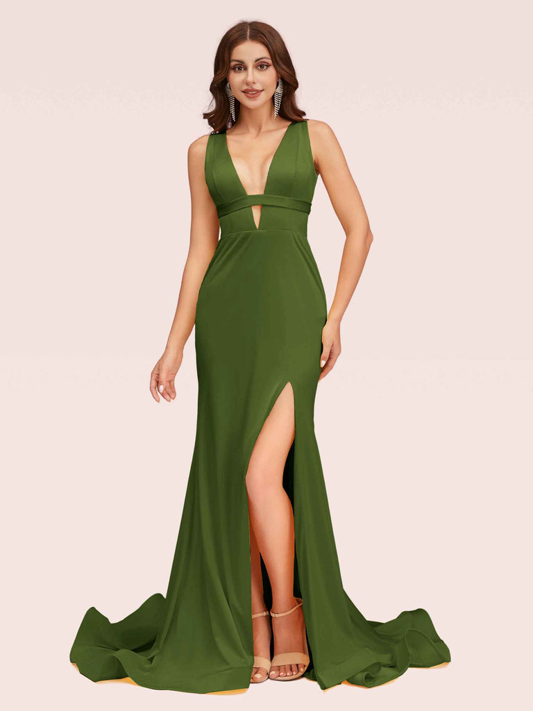 Sexy Backless V-neck Open Back Side Slit Stretchy Jersey Long Mermaid Bridesmaid Dresses