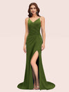 Sexy Spaghetti Straps V-neck Side Slit Stretchy Jersey Long Mermaid Bridesmaid Dresses