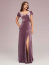 Sexy Side Slit Short Sleeves Velvet V-neck Long Formal Prom Dresses 2023