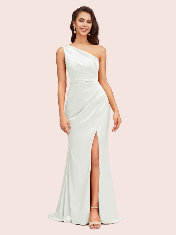 Elegant One Shoulder Mermaid Side Slit Soft Satin Bridesmaid Dresses ...