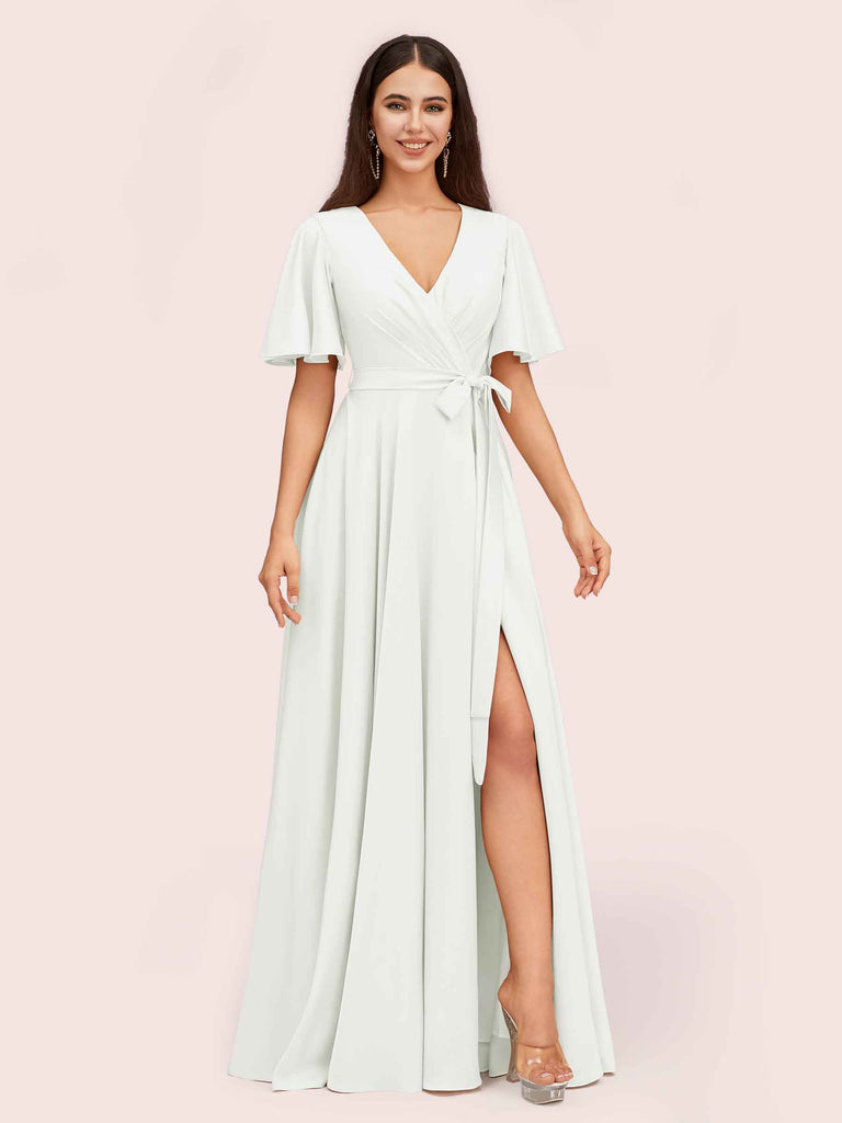Elegant A-line V-neck Short Sleeves Long Bridesmaid Dresses With Slit