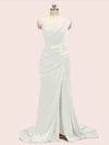 Sexy One Shoulder Long Soft Satin Mermaid Party Prom Dresses With Slit
