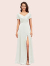 Elegant V-Neck Short Sleeves Long Soft Satin Party Prom Dresses With Slit