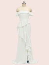 Sexy Off Shoulder Ruffles Long Soft Satin Party Prom Dresses With Slit