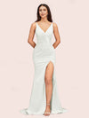 Sexy Mermaid V-neck Side Slit Long Soft Satin Bridesmaid Dresses Online For Sale