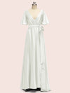 Elegant V-Neck A-Line Long Soft Satin Short Sleeve Bridesmaid Dresses
