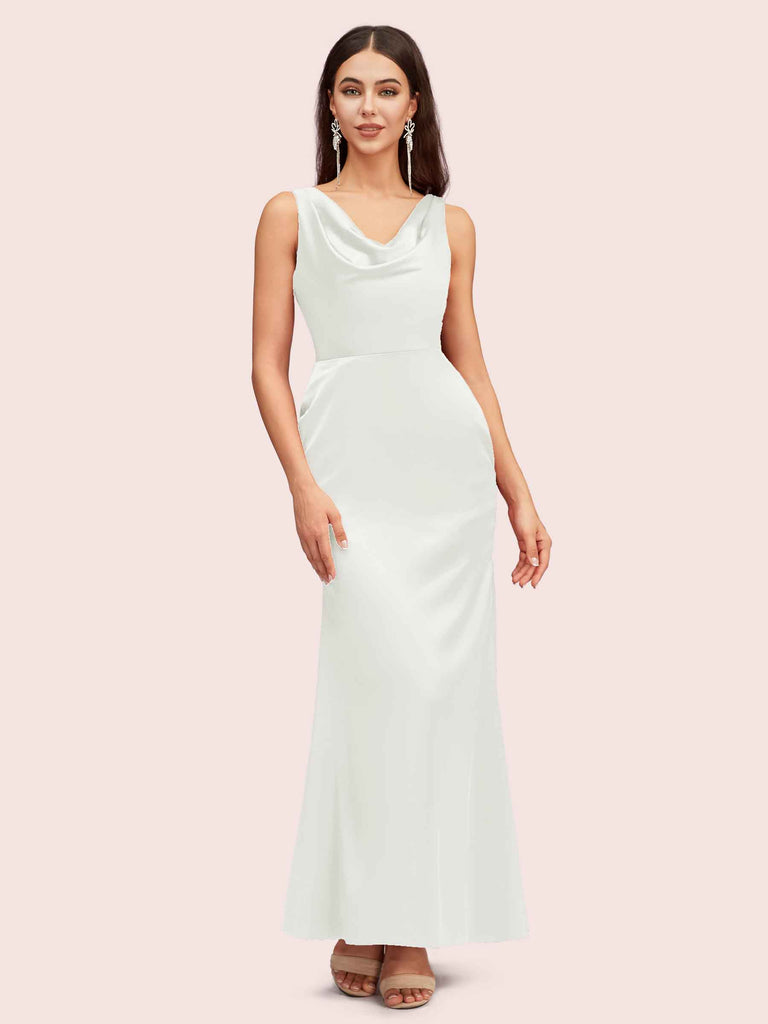 Elegant Cowl Sleeveless Sheath Long Soft Satin Bridesmaid Dresses Online