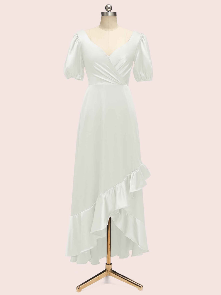 Beautiful Short Sleeves V-Neck Soft Satin Cheap Short Bridesmaid Dresses