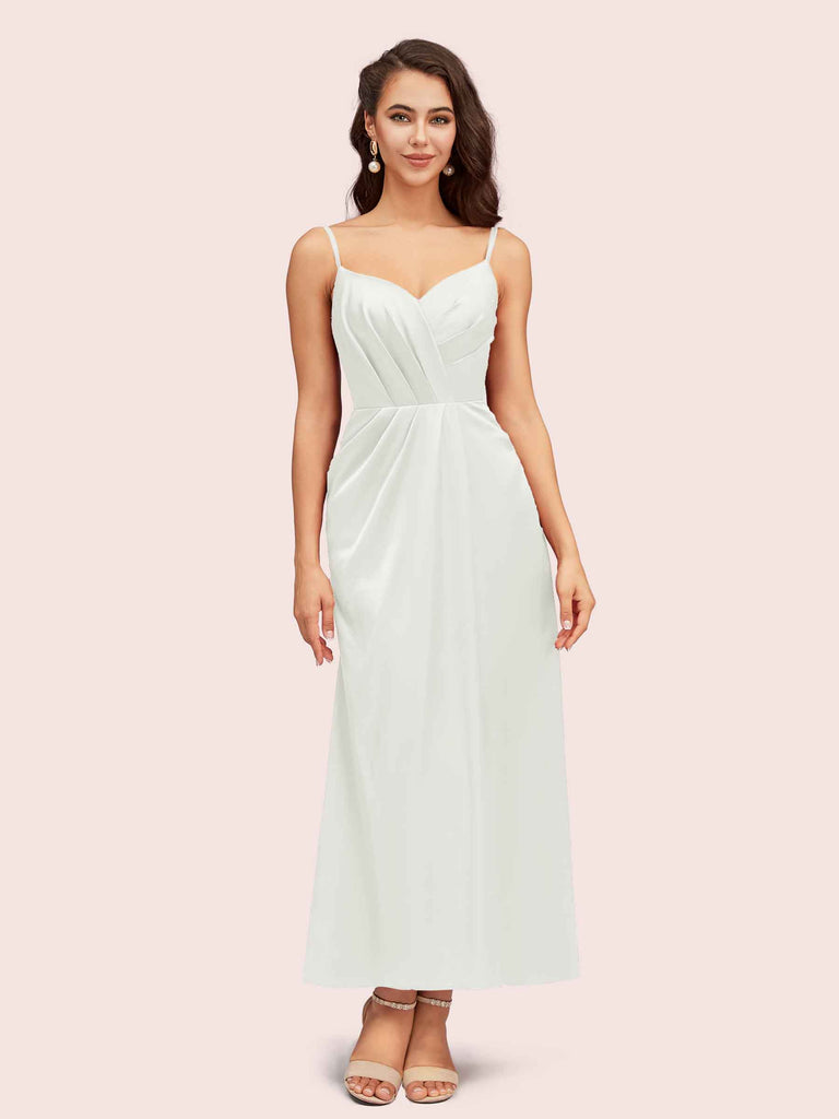 Elegant Spaghetti Straps A-Line Ankle Length Short Satin Bridesmaid Dresses Online