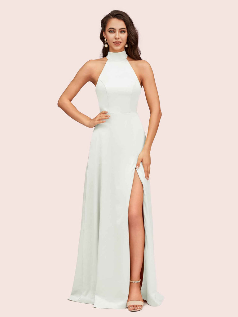 Elegant A-line High Neck Long Side Split Long Soft Satin Bridesmaid Dresses For Sale