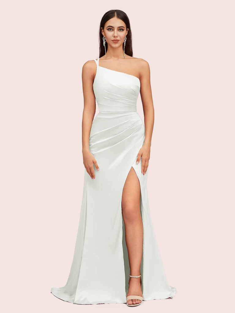 silky white dresses Sexy Soft Satin One Shoulder Side Slit Silky Long Mermaid Prom Dresses Online
