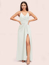 Modern Spaghetti Straps V-neck Side Slit Long Satin Party Prom Dresses With Slit