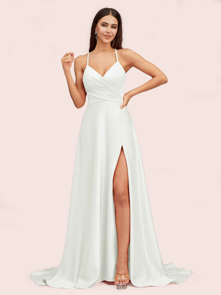 Elegant A-line Spaghetti Straps Long Soft Satin Bridesmaid Dresses With Slit For Sale