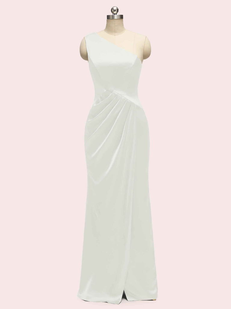 Elegant One Shoulder Long Soft Satin Mermaid Bridesmaid Dresses With Slit