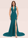 Sexy Halter Side Slit Open Back Stretchy Jersey Long Mermaid Bridesmaid Dresses Online