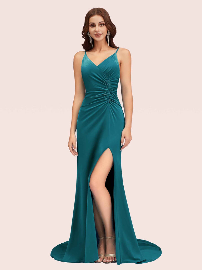 Sexy Spaghetti Straps V-neck Side Slit Stretchy Jersey Long Mermaid Bridesmaid Dresses For Sale