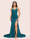 Sexy Spaghetti Straps Sleeveless Mermaid Jersey Long Formal Prom Dresses With Slit