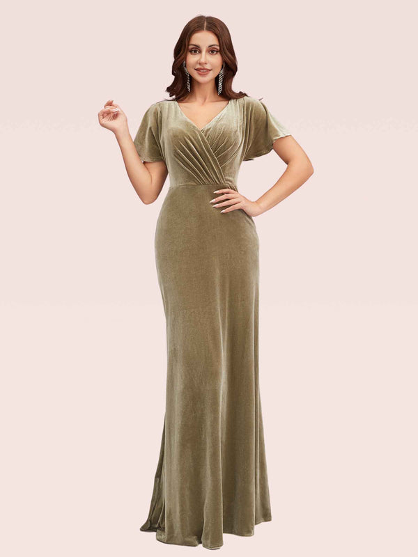 Sexy Short Sleeves Open Back Long Stretch Velvet Bridesmaid Dresses Online