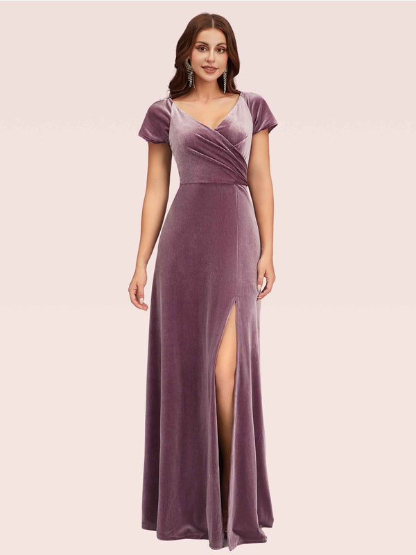 Sexy Side Slit Short Sleeves Velvet V-neck Long Bridesmaid Dresses
