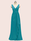 Elegant V-neck Floor Length Long Soft Satin Bridesmaid Dresses With Slit