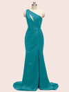 Sexy Mermaid One Shoulder Long Soft Satin Formal Prom Dresses With Slit