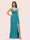 Sexy Spaghetti Straps V-neck Long Mermaid Satin Graduation Prom Dresses With Slit