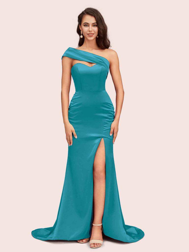 Sexy Mermaid One Shoulder Long Soft Satin Bridesmaid Dresses With Slit