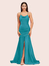 Sexy Backless Mermaid Spaghetti Straps Long Soft Satin Prom Dresses With Slit