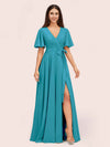 Elegant A-line V-neck Short Sleeves Long Bridesmaid Dresses With Slit