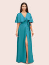 Elegant Bat Sleeves V-neck Side Slit Long Soft Satin Bridesmaid Dresses