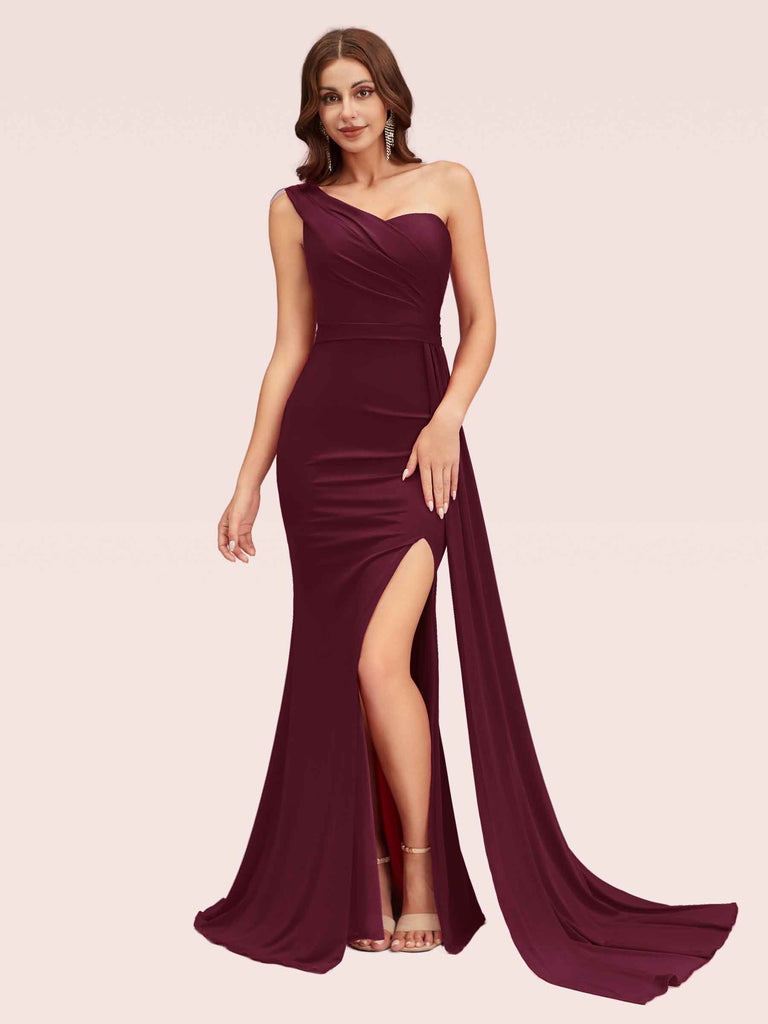 Sexy Side Slit One Shoulder Jersey Long Mermaid Bridesmaid Dresses