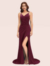Sexy Spaghetti Straps V-neck Side Slit Stretchy Jersey Long Mermaid Bridesmaid Dresses For Sale