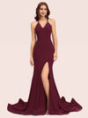 Sexy Halter V-neck Side Slit Stretchy Jersey Long Mermaid Evening Prom Dresses