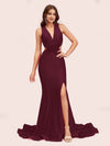 Sexy Mermaid Side Slit Deep V-neck Stretchy Jersey Long Bridesmaid Dresses Online