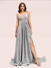 Sexy Side Slit Spaghetti Straps V-neck Jersey Long Bridesmaid Dresses Online For Sale