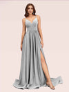Sexy Side Slit Spaghetti Straps V-neck Jersey Long Bridesmaid Dresses Online